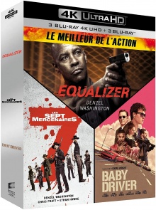 Coffret Le Meilleur de l'action : Equalizer + Les 7 mercenaires + Baby Driver – Packshot Blu-ray 4K Ultra HD